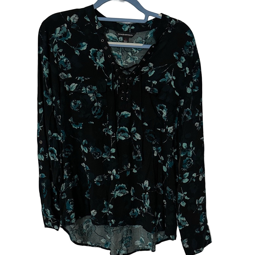 Rock & Republic Black and Teal Floral Lace-Up Blouse